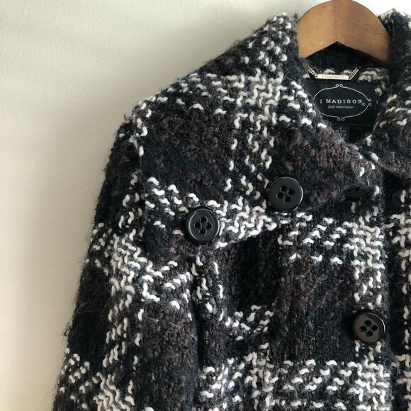 1 Madison Luxe Cozy Outerwear Wool Plaid Knit Winter Pea Coat Jacket - Picture 3 of 15